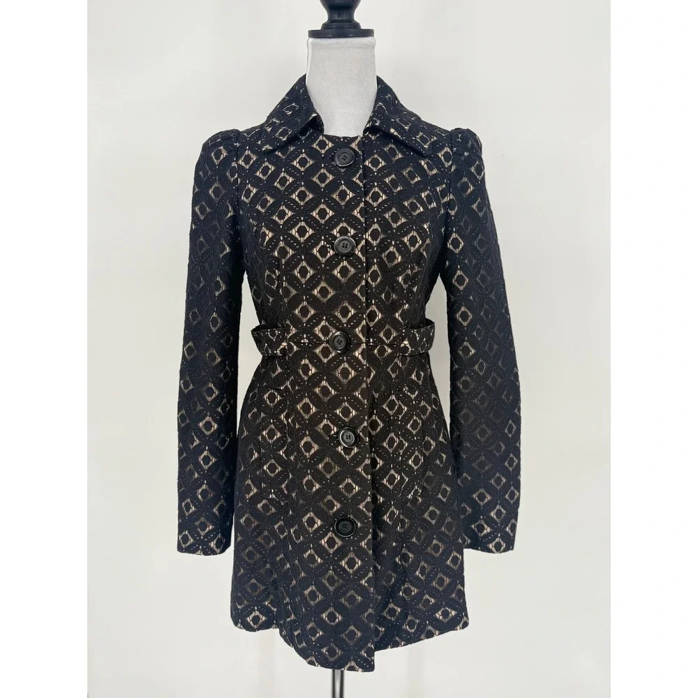 INC‎ Black Cotton Geometric Lace Trench Coat Womens Small Classic Feminine